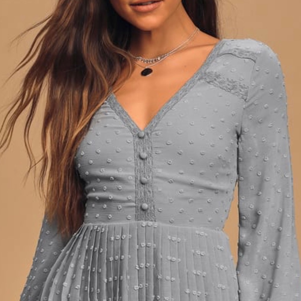 Dusty Blue Swiss Dot Long Sleeve Pleated Dress